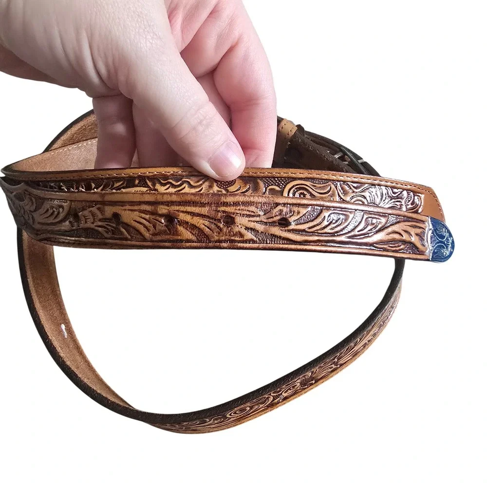 Zooozs Western Floral Tooled Leather Belt Silver Engraved Buckle Tip Tan Brown